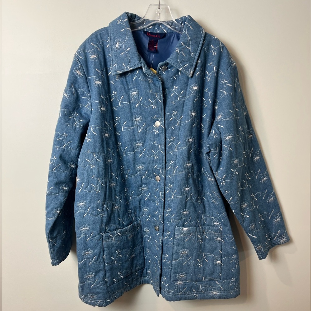 Denim & Co. Floral Denim Shacket SZ 1X Embroidered Chore Coat Girly Lined NWT